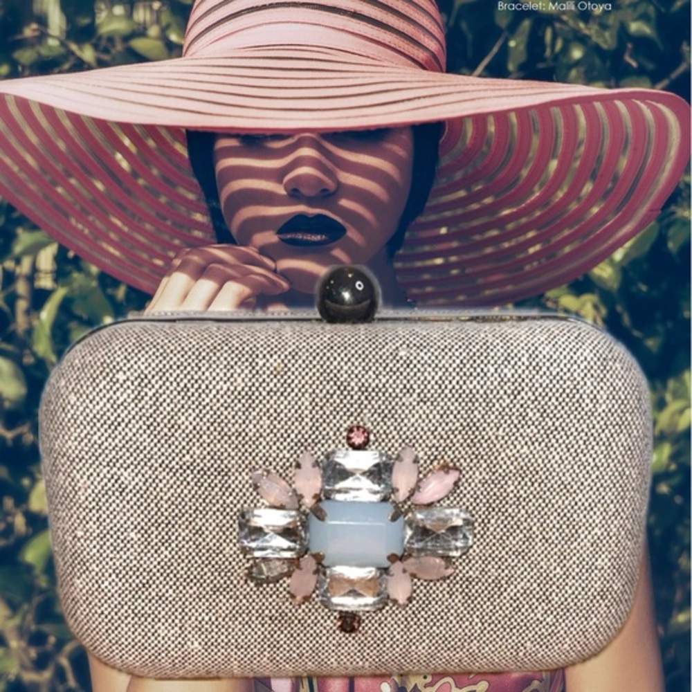 Ann Taylor LOFT beaded tweed Minaudiere clutch handbag crossbody